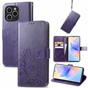 For Honor 60 SE Four-leaf Clasp Embossed Buckle Leather Phone Case(Purple)