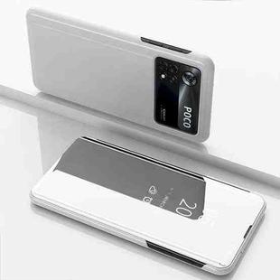 For Xiaomi Poco M4 Pro 4G Plated Mirror Horizontal Flip Leather Case with Holder(Silver)