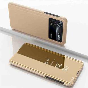 For Xiaomi Poco M4 Pro 4G Plated Mirror Horizontal Flip Leather Case with Holder(Gold)