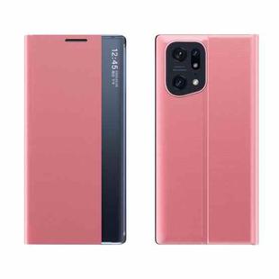 For OPPO Find X5 Side Display Magnetic Plain Cloth Leather Phone Case with Holder(Pink)