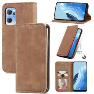 For OPPO Reno7 5G Retro Skin Feel Magnetic Horizontal Flip Leather Phone Case(Brown)