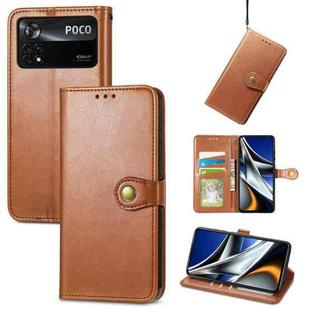 For Xiaomi Poco X4 Pro 5G Retro Solid Color Buckle Leather Phone Case(Brown)