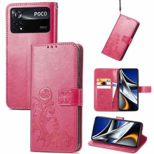 For Xiaomi Poco X4 Pro 5G Four-leaf Clasp Embossed Buckle Leather Phone Case(Magenta)