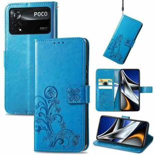 For Xiaomi Poco X4 Pro 5G Four-leaf Clasp Embossed Buckle Leather Phone Case(Blue)