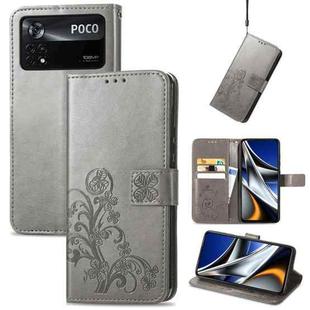For Xiaomi Poco X4 Pro 5G Four-leaf Clasp Embossed Buckle Leather Phone Case(Gray)