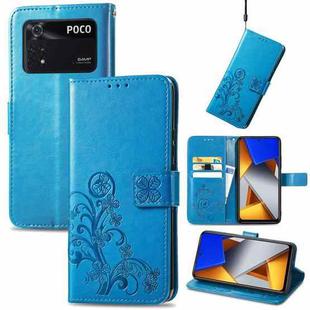 For Xiaomi Poco M4 Pro Four-leaf Clasp Embossed Buckle Leather Phone Case(Blue)