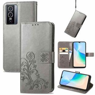 For vivo Y76 5G Four-leaf Clasp Embossed Buckle Leather Phone Case(Gray)