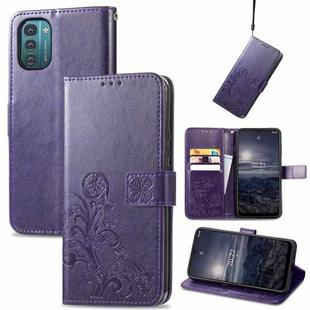 For Nokia G21 Four-leaf Clasp Embossed Buckle Leather Phone Case(Purple)