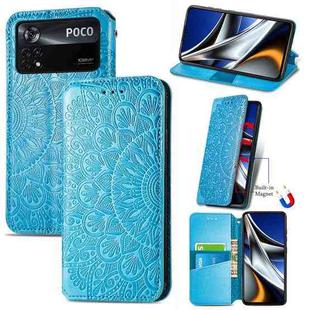 For Xiaomi Poco X4 Pro 5G Blooming Mandala Embossed Magnetic Leather Phone Case(Blue)