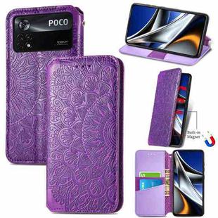 For Xiaomi Poco X4 Pro 5G Blooming Mandala Embossed Magnetic Leather Phone Case(Purple)