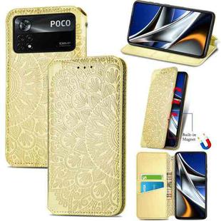 For Xiaomi Poco X4 Pro 5G Blooming Mandala Embossed Magnetic Leather Phone Case(Yellow)