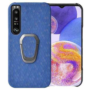 For Sony Xperia 1 IV Ring Holder Honeycomb PU Phone Case(Navy Blue)