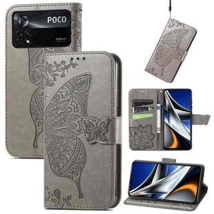 For Xiaomi Poco X4 Pro 5G Butterfly Love Flower Embossed Leather Phone Case(Gray)