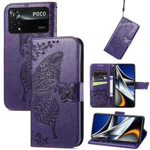 For Xiaomi Poco X4 Pro 5G Butterfly Love Flower Embossed Leather Phone Case(Dark Purple)