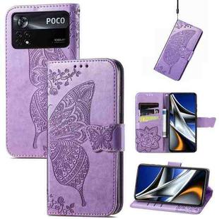 For Xiaomi Poco X4 Pro 5G Butterfly Love Flower Embossed Leather Phone Case(Light Purple)