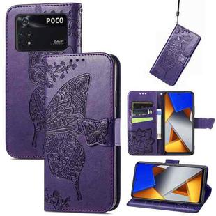 For Xiaomi Poco M4 Pro Butterfly Love Flower Embossed Leather Phone Case(Dark Purple)