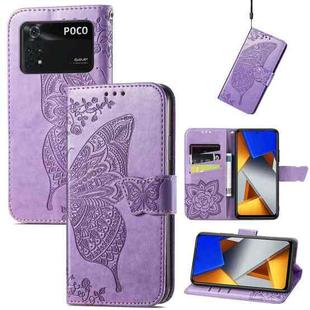 For Xiaomi Poco M4 Pro Butterfly Love Flower Embossed Leather Phone Case(Light Purple)