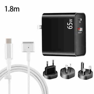 PD-65W USB-C / Type-C + QC3. 0 USB Laptop Charging Adapter + 1.8m USB-C / Type-C to MagSafe 2 / T Head Data Cable,  EU Plug / AU Plug / UK Plug / US Plug(Black)