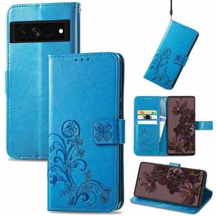 For Google Pixel 7 Pro 5G Four-leaf Clasp Embossed Buckle Leather Phone Case(Blue)
