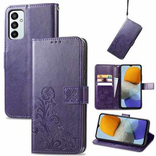 For Samsung Galaxy M23 Four-leaf Clasp Embossed Buckle Leather Phone Case(Purple)