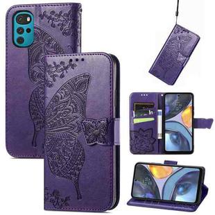 For Motorola Moto G22 Butterfly Love Flower Embossed Leather Phone Case(Dark Purple)