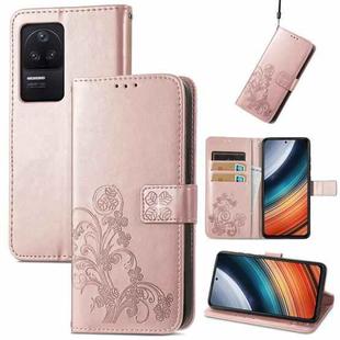 For Xiaomi Redmi K40S Four-leaf Clasp Embossed Buckle Leather Phone Case(Rose Gold)