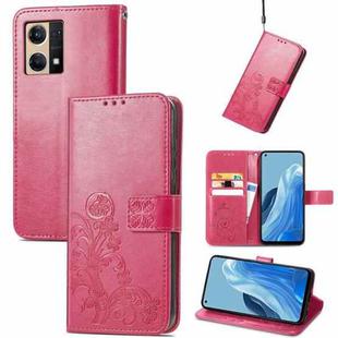 For OPPO Reno7 4G Four-leaf Clasp Embossed Buckle Leather Phone Case(Rose Red)