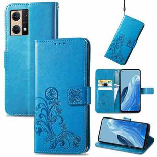 For OPPO Reno7 4G Four-leaf Clasp Embossed Buckle Leather Phone Case(Blue)