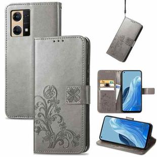 For OPPO Reno7 4G Four-leaf Clasp Embossed Buckle Leather Phone Case(Gray)