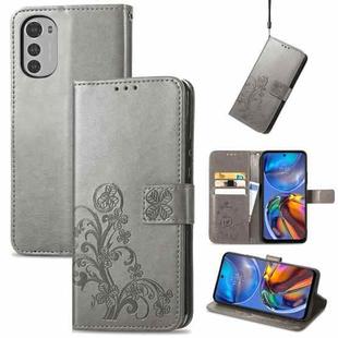 For Motorola Moto E32 Four-leaf Clasp Embossed Buckle Leather Phone Case(Gray)