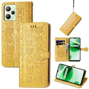 For OPPO Realme C35 Cute Cat and Dog Embossed Flip Leather Phone Case(Yellow)