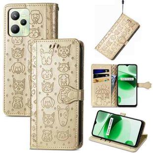 For OPPO Realme C35 Cute Cat and Dog Embossed Flip Leather Phone Case(Gold)