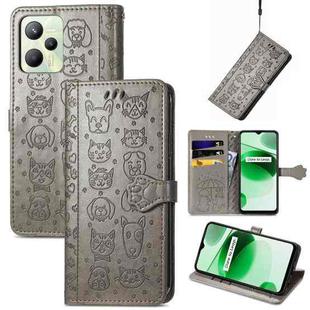 For OPPO Realme C35 Cute Cat and Dog Embossed Flip Leather Phone Case(Gray)
