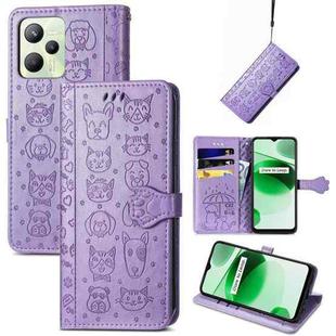 For OPPO Realme C35 Cute Cat and Dog Embossed Flip Leather Phone Case(Purple)