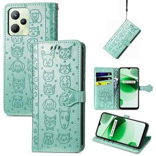 For OPPO Realme C35 Cute Cat and Dog Embossed Flip Leather Phone Case(Green)