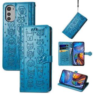 For Motorola Moto E32 Cute Cat and Dog Embossed Flip Leather Phone Case(Blue)