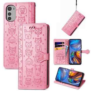 For Motorola Moto E32 Cute Cat and Dog Embossed Flip Leather Phone Case(Pink)