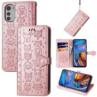 For Motorola Moto E32 Cute Cat and Dog Embossed Flip Leather Phone Case(Rose Gold)