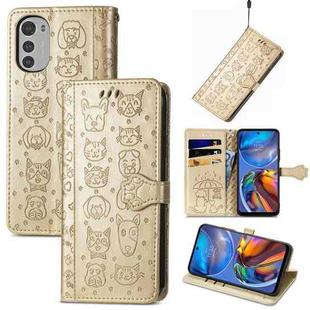 For Motorola Moto E32 Cute Cat and Dog Embossed Flip Leather Phone Case(Gold)