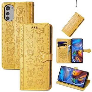 For Motorola Moto E32 Cute Cat and Dog Embossed Flip Leather Phone Case(Yellow)