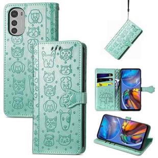 For Motorola Moto E32 Cute Cat and Dog Embossed Flip Leather Phone Case(Green)