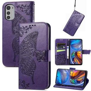 For Motorola Moto E32 Butterfly Love Flower Embossed Flip Leather Phone Case(Dark Purple)