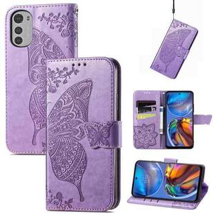 For Motorola Moto E32 Butterfly Love Flower Embossed Flip Leather Phone Case(Light Purple)