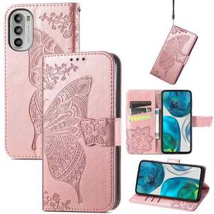 For Motorola Moto G52 Butterfly Love Flower Embossed Flip Leather Phone Case(Rose Gold)