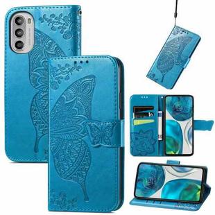 For Motorola Moto G52 Butterfly Love Flower Embossed Flip Leather Phone Case(Blue)