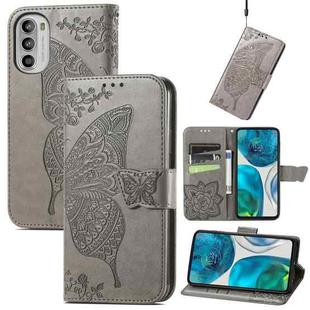 For Motorola Moto G52 Butterfly Love Flower Embossed Flip Leather Phone Case(Gray)