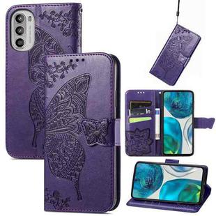 For Motorola Moto G52 Butterfly Love Flower Embossed Flip Leather Phone Case(Dark Purple)