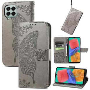 For Samsung Galaxy M33 5G Butterfly Love Flower Embossed Flip Leather Phone Case(Gray)