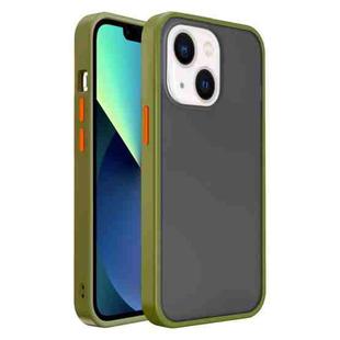 For iPhone 14 Frosted Skin Feel PC Contrast Color Button Phone Case (Green+Orange)