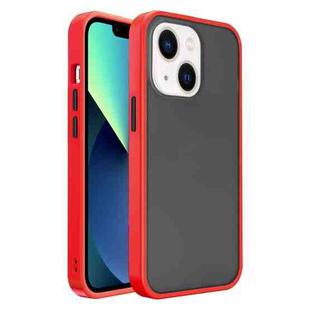 For iPhone 14 Plus Frosted Skin Feel PC Contrast Color Button Phone Case (Red+Black)